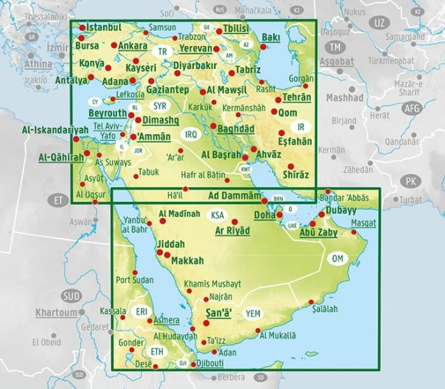 immagine di mappa stradale mappa stradale Medio Oriente / Middle East / Naher Osten - Turchia Est, Armenia, Sud della Georgia, Azerbaijan, Ovest dell'Iran, Iraq, Kuwait, Giordania, Israele, Libano, Siria, confini con l'Egitto e Arabia Saudita - EDIZIONE 2024