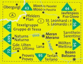 immagine di mappa topografica mappa topografica n.53 - Merano, Gruppo di Tessa / Texelgruppe, Moso in Passiria, Passo Giovo, S. Leonardo, Lana, Meltina, Naturno, Ultimo, Proves, Terlano, Bolzano - mappa plastificata, con mappa panoramica dei dintorni di Merano - compatibile con GPS