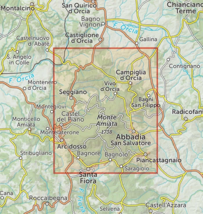 immagine di mappa topografica mappa topografica Monte Amiata - carta dei sentieri - con Abbadia San Salvatore, Arcidosso, Santa Fiora, Piancastagnaio, Campiglia d'Orcia, Seggiano, Castel del Piano, Bagni San Filippo - con rifugi, sentieri CAI numerati, percorsi MTB, Via Francigena, sorgenti, aree di sosta - edizione 2024