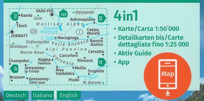 immagine di mappa topografica mappa topografica Monte Rosa, Alagna Valsesia, Gressoney, Zermatt, Ceppo Morelli, Macugnaga, Scopello, Riva Valdobbia - Kompass n.88 - con informazioni turistiche, sentieri CAI e parchi naturali - mappa plastificata - EDIZIONE Luglio 2023