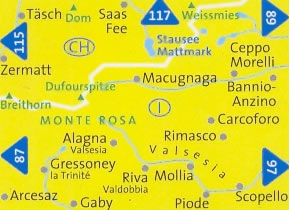 immagine di mappa topografica mappa topografica n.88 - Monte Rosa, Alagna Valsesia, Gressoney, Zermatt, Ceppo Morelli, Macugnaga, Scopello, Riva Valdobbia - nuova edizione