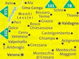 immagine di mappa topografica mappa topografica n.100 - Monti Lessini, Valpolicella, Valdagno, Verona, Recoaro Terme, Cima Carega, Dolce, Grezzana, Schio, Montecchio Maggiore, Thiene - con sentieri CAI, percorsi MTB, vie ferrate e funivie - nuova edizione