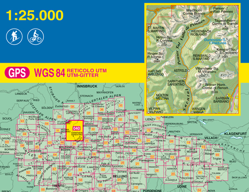 immagine di mappa topografica mappa topografica n.040 - Monti Sarentini / Sarntaler Alpen - S. Martino, P. Cervina, Valle di Pennes, Sarentino, Meltina, Barbiano, M. Villandro, Cima San Cassiano, Corno di Tramin, Corno di Renon - con reticolo UTM compatibile con sistemi GPS - nuova edizione