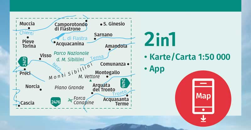 immagine di mappa topografica mappa topografica n.2474 - Monti Sibillini, Norcia, Cascia, Arquata del Tronto, M. Porche, Bisignano, Visso, Castelsantangelo, Amandola, Acquacanina, Pieve Torina, Muccia, Sarnano, S. Ginesio - mappa plastificata - compatibile con GPS - edizione 2023
