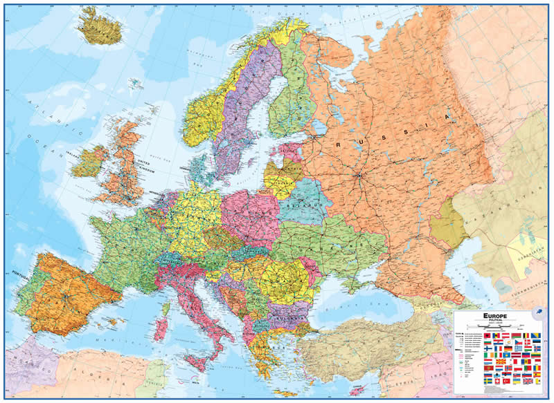 immagine di mappa murale mappa murale Mappa Murale d'Europa - con cartografia politica e fisica, molto dettagliata - plastificata - 135 x 100 cm - EDIZIONE 2024