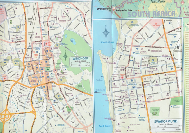 immagine di mappa stradale mappa stradale Namibia - con le mappe di città di Swakopmund e Windhoek - con percorsi panoramici, spiagge, riserve e parchi naturali - mappa stradale impermeabile e antistrappo - nuova edizione