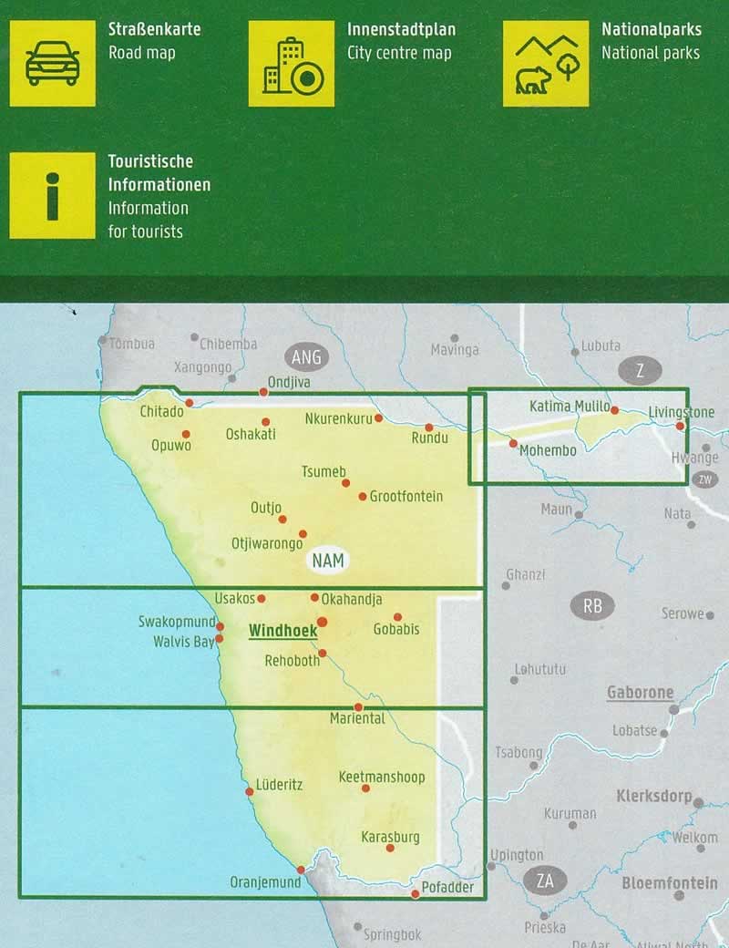 immagine di mappa stradale mappa stradale Namibia - mappa stradale con parchi naturali, rete stradale, mappa del centro di Windhoek e indice delle località - con le regioni di Windhoek, Lüderitz, Swakopmund, Walvis Bay, Mariental, Keetmanshoop, Karasburg, Otjiwarongo, Ondangwa, Tsumeb, Katima Mulilo, Rundu, Rehoboth, Livingstone - EDIZIONE Novembre 2024