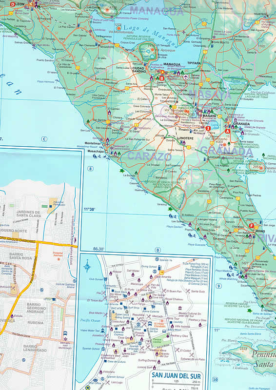 immagine di mappa stradale mappa stradale Nicaragua, Honduras - mappa stradale con strade panoramiche, spiagge, parchi e riserve naturali  - con le città di Managua, San Juan del Sur, Leon, Isla de Ometepe, Corn Islands, Misikito Cays, Tegucigalpa - mappa impermeabile e antistrappo - nuova edizione