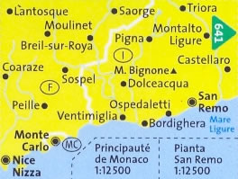 immagine di mappa topografica mappa topografica n.640 - Nice/Nizza, Monaco, San Remo, Monte Carlo, Ventimiglia, Bordighera, Ospedaletti, Peille, Castellaro, Montalto Ligure, Principato di Monaco - con sentieri CAI, percorsi MTB, spiagge, luoghi panoramici e parchi naturali - nuova edizione