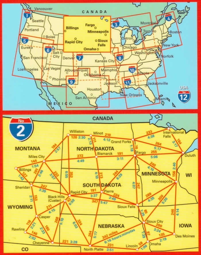 immagine di mappa stradale mappa stradale n.02 - USA North Central, Great Plains, Indian Country - con Cheyenne, Badlands, Black Hills, Mt Rushmore, North and South Dakota, Nebraska, Montana, Wyoming, Minnesota, Iowa - con cartografia aggiornata, dettagliata e facile da leggere + guida stradale - EDIZIONE 2024