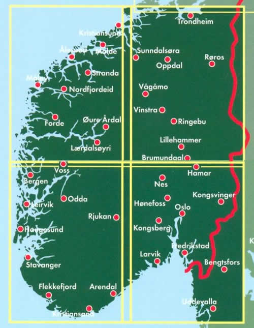 immagine di mappa stradale mappa stradale Norvegia Centro-Sud - 2 mappe stradali - con Oslo, Bergen, Stavanger, Trondheim, Lillehammer, Alesund - edizione 2013