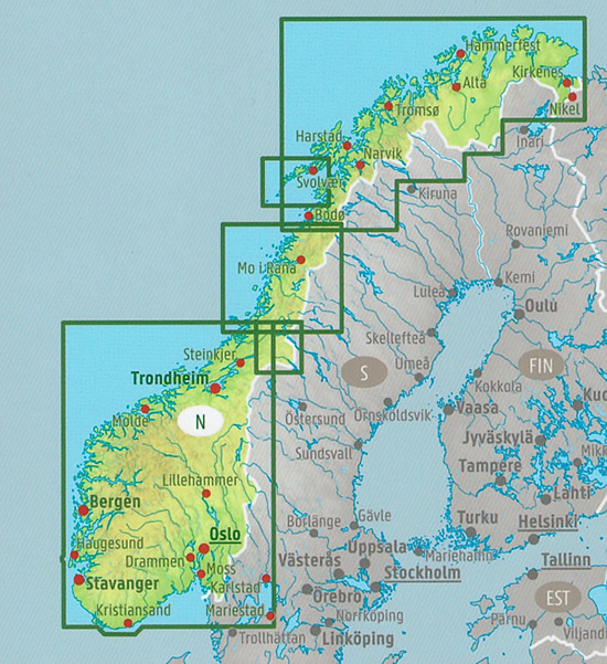 immagine di mappa stradale mappa stradale Norvegia - con Oslo, Stavanger, Molde, Bodø, Oslo, Drammen, Sarpsborg, Hamar, Lillehammer, Skien, Kristiansand, Arendal, Bergen, Leikanger, Trondheim, Tromsø, Vadsø - con aree naturali e luoghi panoramici - EDIZIONE Dicembre 2023