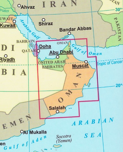 immagine di mappa stradale mappa stradale Oman, Emirati Arabi Uniti (UAE) - con Muscat, Dubai, Abu Dhabi, Sur, Al-Duqm, Masirah, Salalah, Dhofar, Hajar-al-Gharbi, Jiddat al-Harasis - mappa stradale - nuova edizione