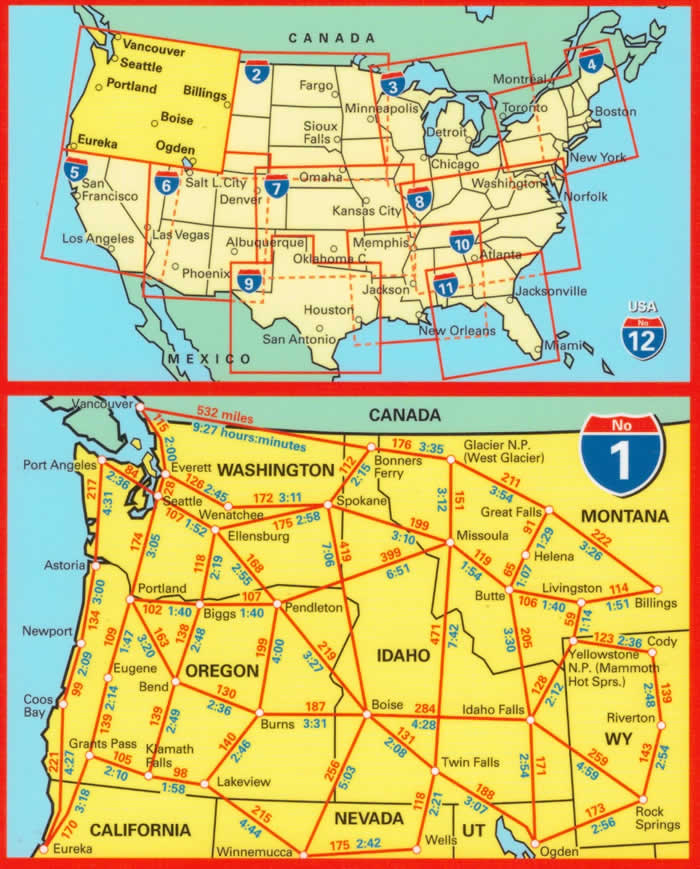 immagine di mappa stradale mappa stradale n.01 - Pacific NorthWest - con Seattle, Everett, Portland, Newport, Yellowstone, Grand Teton, Glacier, Twin Falls, Rock Springs, Oregon, Idaho - con cartografia aggiornata, dettagliata e facile da leggere + guida stradale - EDIZIONE 2024