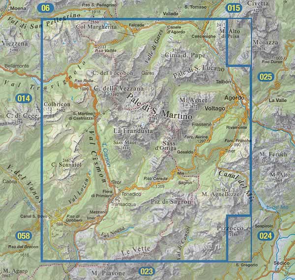 immagine di mappa topografica mappa topografica n.022 - Pale di San Martino - Passo Valles, Gares, Lagorai, S. Martino di Castrozza, Cimon della Pala, Gosaldo, Agordo, Taibon, Gruppo del Cimonega, Valle del Mis, Mezzano, Fiera di Primiero - con reticolo UTM compatibile con GPS - impermeabile, antistrappo, plastic-free, eco-friendly - EDIZIONE Dicembre 2023