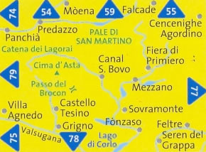 immagine di mappa topografica mappa topografica n.76 - Pale di San Martino, Predazzo, Catena dei Lagorai, Moena, Cima d'Asta, Passo del Brocon, Castello Tesino, Villa Agnedo, Canal S. Bovo, Mezzano, Sovramonte, Lago di Corio, Valsugana, Seren del Grappa, Falcade - nuova edizione