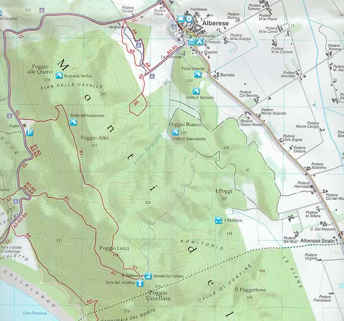 immagine di mappa topografica mappa topografica Parco della Maremma - con Talamone, Il Poggione, Poggio del Torrino, Alberese, Principina a Mare, Tombolo, Collelungo, Poggio alle Querci, Monti dell'Uccellina - mappa escursionistica con spiagge, grotte, castelli, luoghi panoramici, sentieri - nuova edizione