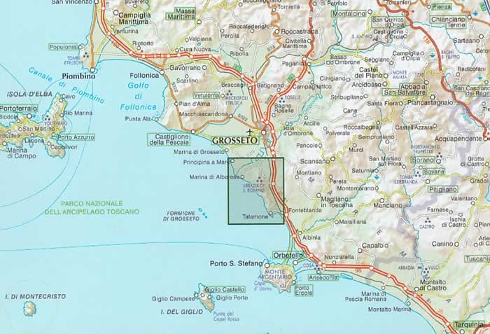 immagine di mappa topografica mappa topografica Parco della Maremma - con Talamone, Il Poggione, Poggio del Torrino, Alberese, Principina a Mare, Tombolo, Collelungo, Poggio alle Querci, Monti dell'Uccellina - mappa escursionistica con spiagge, grotte, castelli, luoghi panoramici, sentieri - nuova edizione