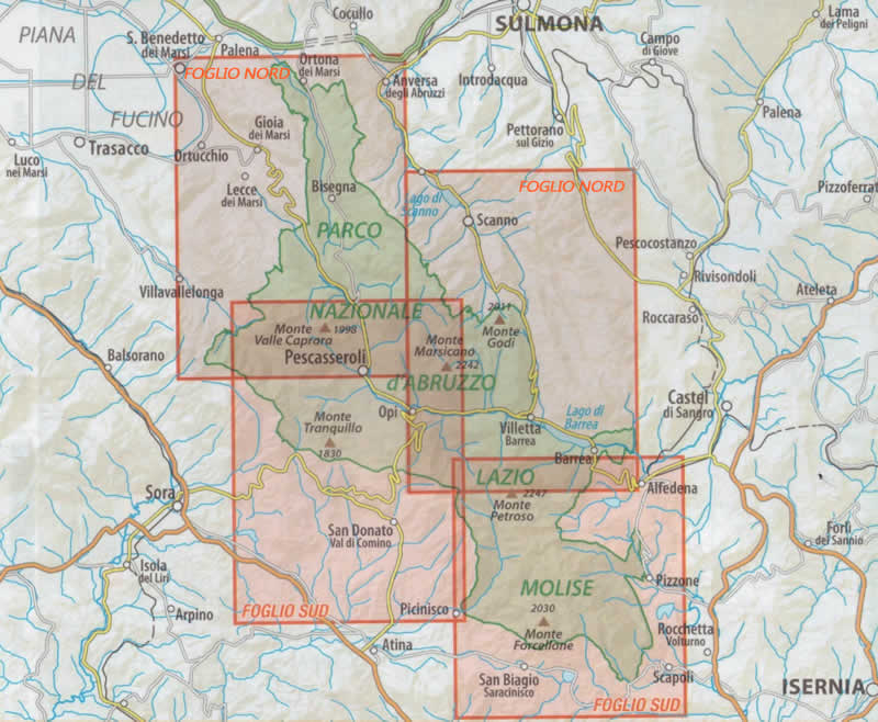 immagine di mappa topografica mappa topografica Parco Nazionale d'Abruzzo, Lazio e Molise - set di 2 carte dei sentieri - con rifugi, percorsi CAI numerati, sorgenti, aree faunistiche, aree di sosta, castelli, santuari - edizione 2024