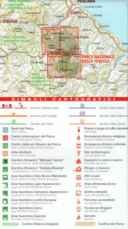 immagine di mappa topografica mappa topografica Parco Nazionale della Majella - set di 2 carte dei sentieri - con rifugi, percorsi CAI numerati, cascate, sorgenti, grotte, aree faunistiche - edizione 2024