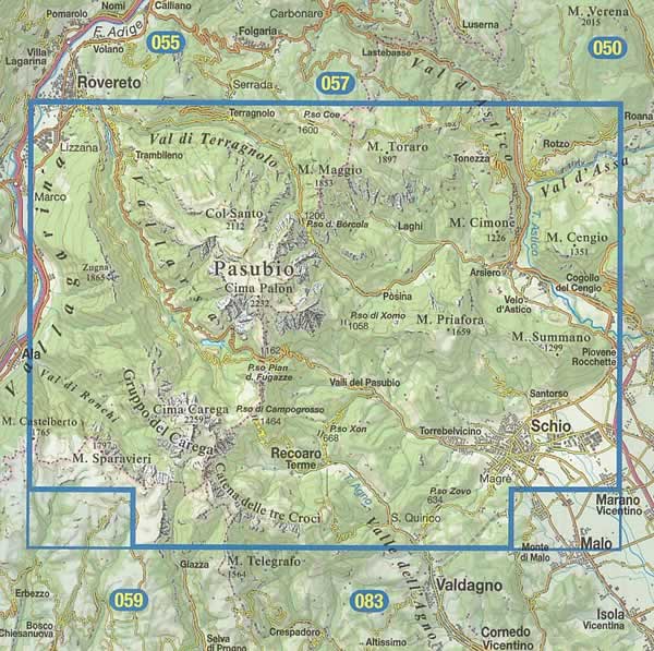 immagine di mappa topografica mappa topografica n.056 - Piccole Dolomiti, Carega, Pasubio - Recoaro Terme, Monti Lessini, Ronchi, Vallarsa, Val Lagarina, Posina, Tonezza, Schio, Valdagno, Catena Tre Croci, Carega, Giazza - con reticolo UTM per GPS - impermeabile, antistrappo, plastic-free, eco-friendly - EDIZIONE 2025