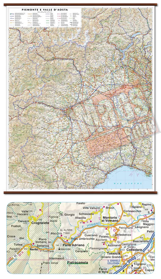 immagine di mappa murale mappa murale Piemonte e Valle d'Aosta - mappa murale con cartografia dettagliata ed aggiornata - plastificata, con eleganti aste in legno - 86 x 108 cm - edizione 2021