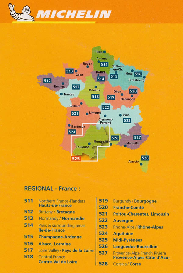 immagine di mappa stradale regionale mappa stradale regionale n. 525 - Midi-Pirenei / Midi-Pyrénées - con Toulouse / Tolosa, Montauban, Castelsarrasin, Condom, Albi, Castres, Millau, Rodez, Figeac, Villefranche-de-Rouergue, Gourdon, Cahors, Auch, Mirande, Tarbes, Foix, Muret, Pamiers, St-Girons, St-Gaudens, Bagnères-de-Bigorre, Argelès-Gazost - mappa stradale con stazioni di servizio e autovelox - Edizione Dicembre 2023