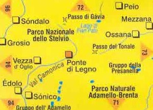 immagine di mappa topografica mappa topografica n.107 - Ponte di Legno, Alta Val Camonica, Passo del Tonale, Parco Nazionale dello Stelvio, Vezza, Gruppo della Presanella, Mezzana, Peio, Parco Naturale Adamello-Brenta - con sentieri CAI, percorsi MTB - nuova edizione