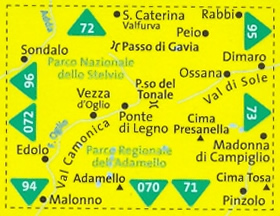 immagine di mappa topografica mappa topografica n.107 - Ponte di Legno, Alta Val Camonica, Passo del Tonale, Parco Nazionale dello Stelvio, Vezza, Gruppo della Presanella, Mezzana, Peio, Parco Naturale Adamello-Brenta, Val di Vermiglio, Val Genova - mappa plastificata, compatibile con GPS