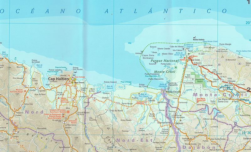 immagine di mappa stradale mappa stradale Repubblica Dominicana, Haiti - con spiagge, riserve naturali e luoghi panoramici - con  Port-au-Prince, Santo Domingo, Boca Chica, La Romana, Santiago de los Caballeros, Los Alcarrizos, Higüey, Concepción de la Vega, San Cristóbal, San Pedro de Macorís, Moca, San Francisco de Macorís, San Felipe de Puerto Plata, Baní, San Juan de la Maguana, Bonao, Bajos de Haina, Azua de Compostela - mappa impermeabile e antistrappo - EDIZIONE 2023