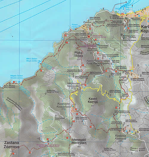 immagine di mappa stradale mappa stradale Samos - mappa escursionistica con strade, sentieri, spiagge e luoghi panoramici - EDIZIONE 2024