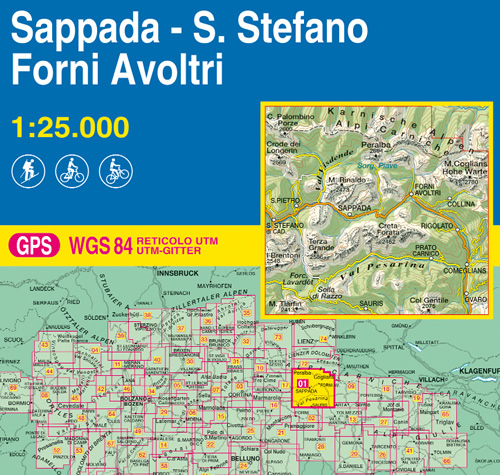 immagine di mappa topografica mappa topografica n.001 - Sappada, S.Stefano, Forni Avoltri - con Alpi Carniche, Val Visdende, Val Pesarina, Peralba, Sella di Razzo, S. Stefano di Cadore, M. Rinaldo, Terza Grande - reticolo UTM compatibile con GPS - nuova edizione