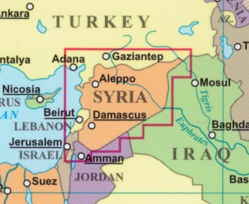 immagine di mappa stradale mappa stradale Siria / Syria, Libano - con Damasco, Aleppo, Homs, Hama, Latakia, Deir el-Zor, al-Raqqa, al-Bab, Idlib, Dumā, al-Safīra, Salamiyya, al-Aswad, Beirut, Tarabulus-Tripoli, Biblo, Sidone, Tiro, Nabatiye, Zahle, Baabda, Baalbek, Hermel - nuova edizione