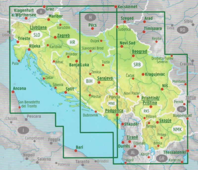 immagine di mappa stradale mappa stradale Slovenia, Croazia, Bosnia-Erzegovina, Montenegro, Kosovo, Macedonia del Nord - con Lubiana, Maribor, Kranj, Zagabria (Zagreb), Spalato (Split), Fiume (Rijeka), Osijek, Zara (Zadar), Slavonski Brod, Velika Gorica, Karlovac, Pola (Pula), Sarajevo, Mostar, Banja Luka - EDIZIONE 2024