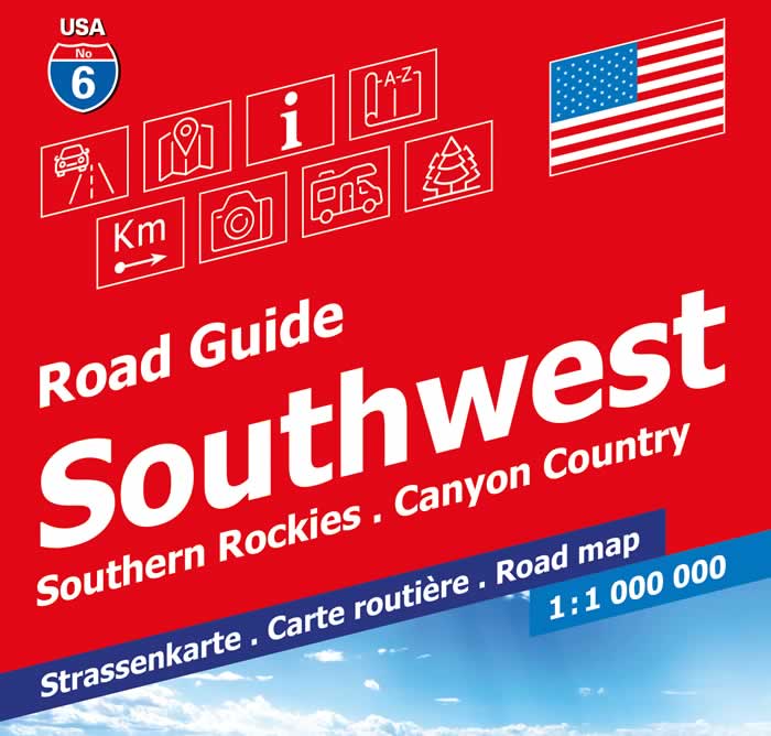 immagine di mappa stradale mappa stradale n.06 - USA SouthWest - con Southern Rockies, Canyon Country, Grand Canyon, Arizona, Bryce, Colorado, Indian Country, Zion, Arches, Mesa Verde - con cartografia aggiornata, dettagliata e facile da leggere + guida stradale - EDIZIONE Settembre 2024