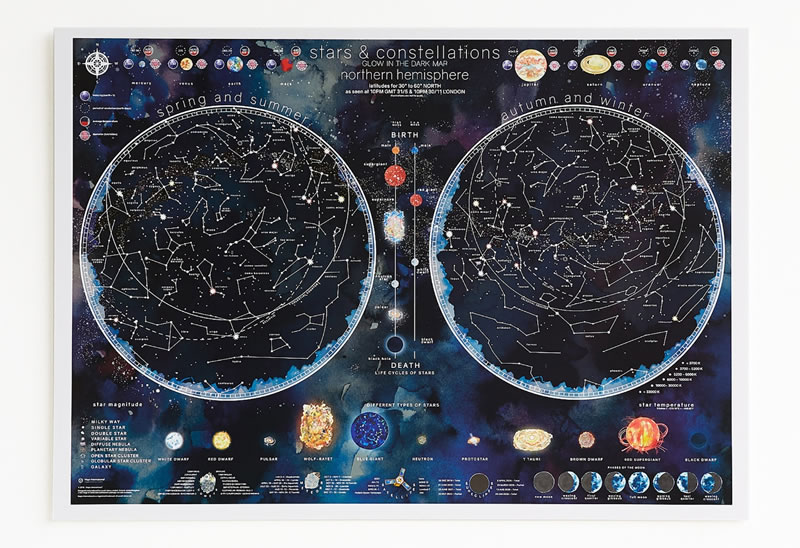 immagine di mappa del cielo mappa del cielo Mappa delle Stelle e Costellazioni - visibile al buio, con i due emisferi celesti australe e boreale - 85 x 60 cm