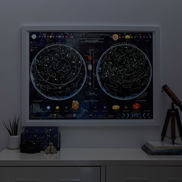 immagine di mappa del cielo mappa del cielo Mappa delle Stelle e Costellazioni - visibile al buio, con i due emisferi celesti australe e boreale - 85 x 60 cm