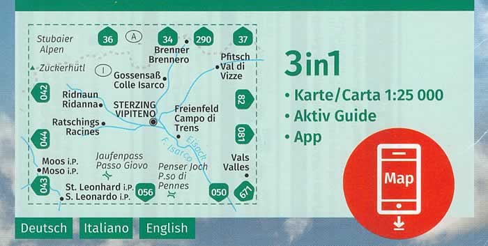 immagine di mappa topografica mappa topografica Sterzing / Vipiteno - con Monti di Fundres, Val di Fieres, Freienfeld/Campo di Trens, Passo Giovo, Pfitsch/Val di Vizze, Brennero, Colle Isarco, Ridanna, Racines, Moos/Moso, S. Leonardo, Passo di Pennes, Valles, Stubaier Alpen, Monti Sarentini - mappa escursionistica Kompass n.058 - mappa plastificata, compatibile con GPS - EDIZIONE 2024