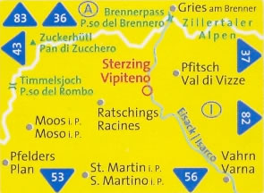 immagine di mappa topografica mappa topografica n.44 - Sterzing, Vipiteno, Val di Vizze, Varna, Ratschings/Racines, Ridnaun/Ridanna, Pfitsch - con coordinate per sistemi GPS - nuova edizione