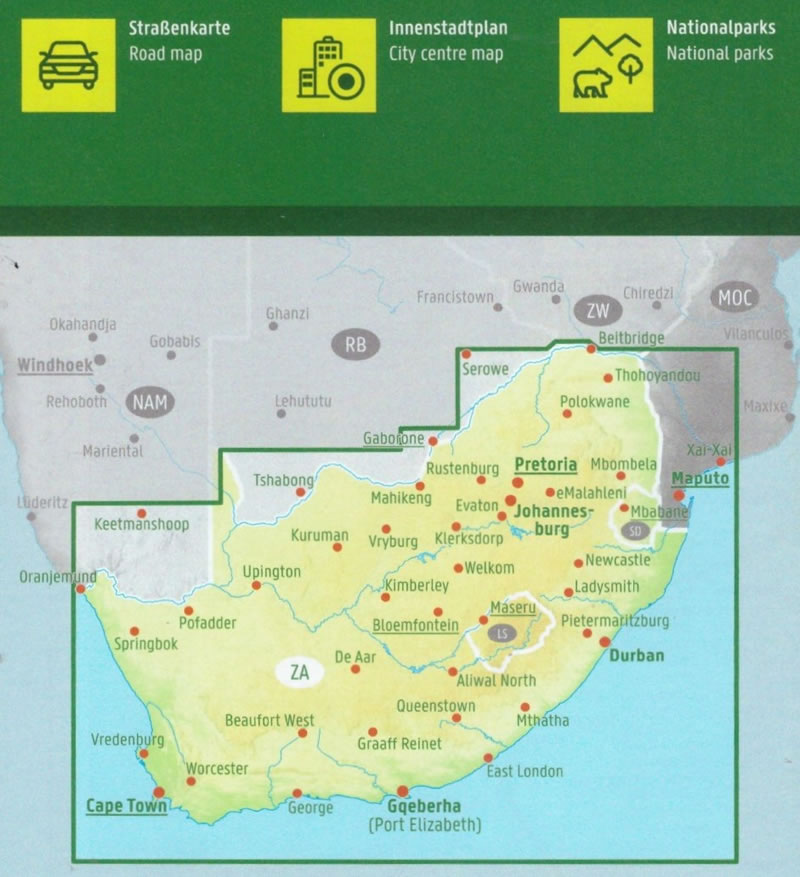 immagine di mappa stradale mappa stradale Sudafrica / South Africa - con Johannesburg, Città del Capo/Cape Town, Durban, Germiston, Gauteng, Pretoria, Port Elizabeth, Bloemfontein, Vanderbijlpark, Msunduzi, Pietermaritzburg, Thulamela, Limpopo, Polokwane/Pietersburg - mappa stradale con parchi, riserve naturali, percorsi e luoghi panoramici - EDIZIONE Novembre 2024