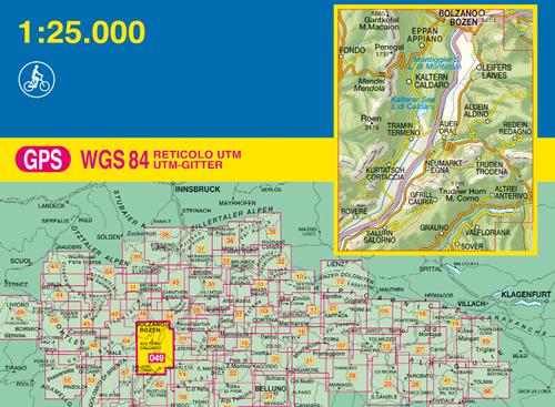 immagine di mappa topografica mappa topografica n.049 - Sudtiroler Weinstrasse, Strada del Vino - Appiano, Caldaro, Termeno, Cortaccia, Magrè, Salorno, Roen, Mendola - con reticolo UTM compatibile con sistemi GPS - edizione 2019