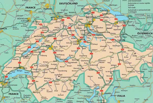 immagine di mappa stradale mappa stradale Svizzera - con Zurigo, Ginevra, Basilea, Losanna, Berna, Winterthur, Lucerna, San Gallo, Lugano, Bienna, St. Moritz, Locarno, Sion, Montreux - mappa stradale - EDIZIONE 2024