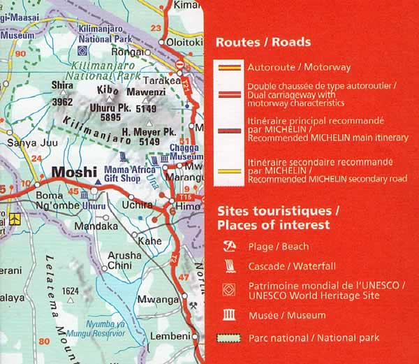 immagine di mappa stradale mappa stradale Tanzania - con Dodoma, Zanzibar, Masasi, Lindi, Tanga, Arusha, Karatu, Tabora, Mwanza - mappa stradale Michelin n.810 - con spiagge, percorsi panoramici, parchi e riserve naturali - EDIZIONE 2024