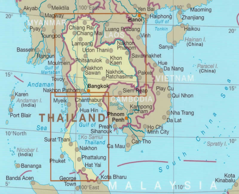 immagine di mappa stradale mappa stradale Thailand (Thailandia / Tailandia) - mappa impermeabile e antistrappo - con Bangkok, Chiang Mai, Ubon Ratchathani, Phuket, Hat Yai, Ko Samui - mappa stradale con spiagge, parchi naturali e luoghi panoramici - EDIZIONE 2024