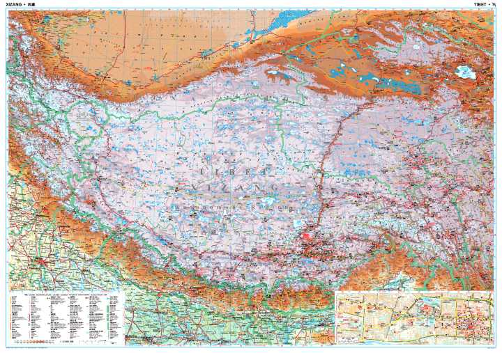 immagine di mappa stradale mappa stradale Tibet, Bhutan, Nepal - mappa stradale - con Norbulingka, Lhasa Valley, Potala, Barkor - cartografia dettagliata con luoghi panoramici, templi, monasteri e siti archeologici - EDIZIONE 2025