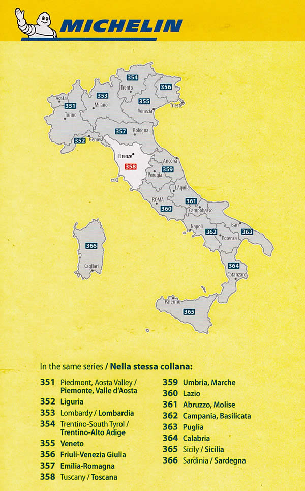 immagine di mappa stradale mappa stradale Toscana - mappa stradale Michelin n.358 - con strade panoramiche, mappe città, indice delle località ed autovelox - EDIZIONE 2024