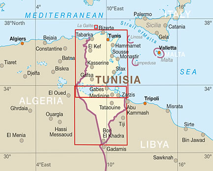 immagine di mappa stradale mappa stradale Tunisia - con Isola di Jerba/Djerba, Tunisi, Sfax, Gabes - con Oasi e Spiagge - mappa stradale impermeabile e antistrappo - EDIZIONE 2024