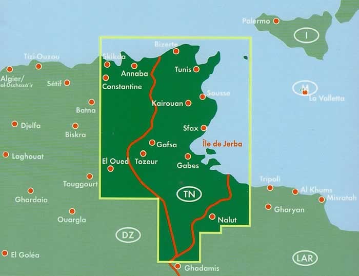 immagine di mappa stradale mappa stradale Tunisia / Tunisie / Tunisien - con Tunisi, Sfax, Nabeul, Ben Arous, Monastir, Sousse - mappa stradale con strade e piste, percorsi panoramici e spiagge - edizione 2024