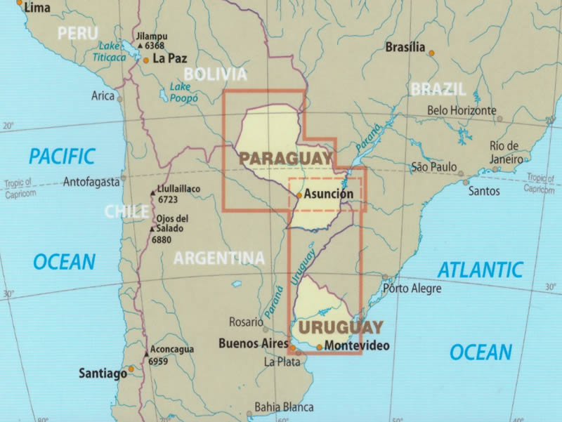 immagine di mappa stradale mappa stradale Uruguay, Paraguay - con Montevideo, Salto, Ciudad de la Costa, Paysandú, Las Piedras, Rivera, Maldonado, Asunción, Ciudad del Este, San Lorenzo, Luque, Capiatá, Lambaré, Fernando de la Mora, Limpio - mappa stradale, impermeabile e antistrappo - EDIZIONE 2024