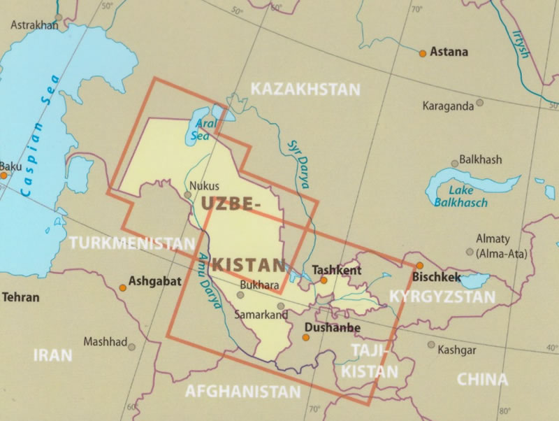 immagine di mappa stradale mappa stradale Uzbekistan - con Tashkent, Samarcanda, Namangan, Andijan - mappa stradale, mappa impermeabile e antistrappo - edizione Dicembre 2023